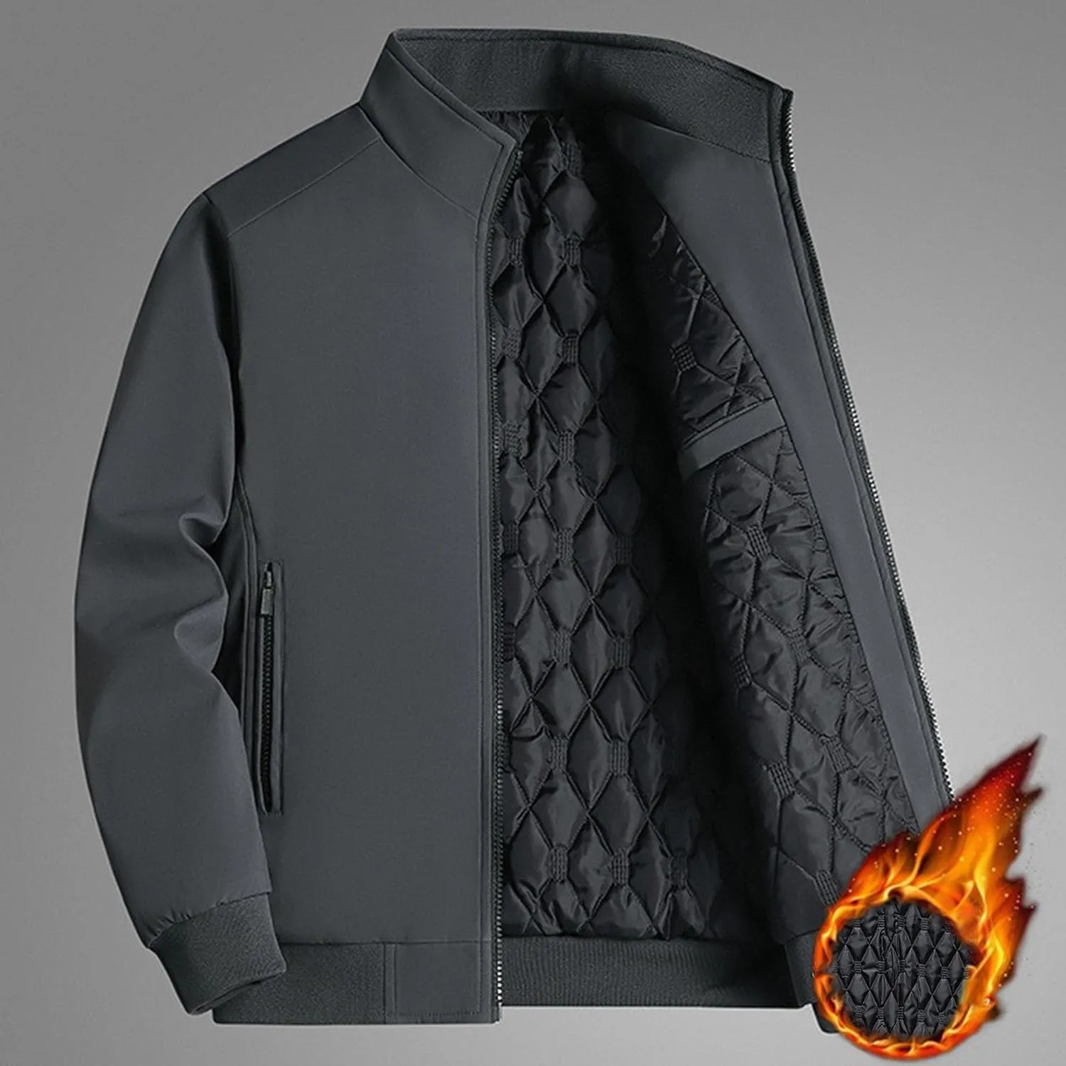 Men's Quilted Lined Bomber Jacket Casual Fall Winter Warm Windbreaker Full Zip Windproof Outwear Padded Coats
