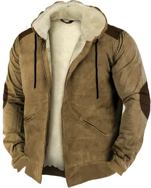 Mens Retro Cotton Fleece Coats Zip Up Thick Sherpa Lined Hooded Jacket Winter Warm Shealing Work Cargo Jackets S-4XL