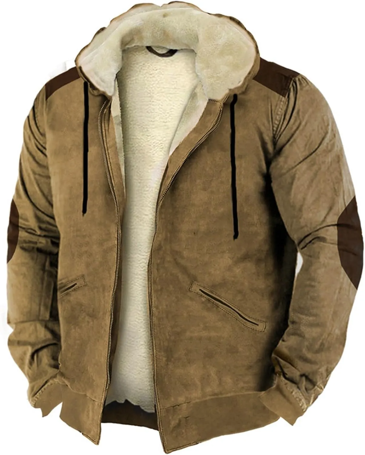 Mens Retro Cotton Fleece Coats Zip Up Thick Sherpa Lined Hooded Jacket Winter Warm Shealing Work Cargo Jackets S-4XL