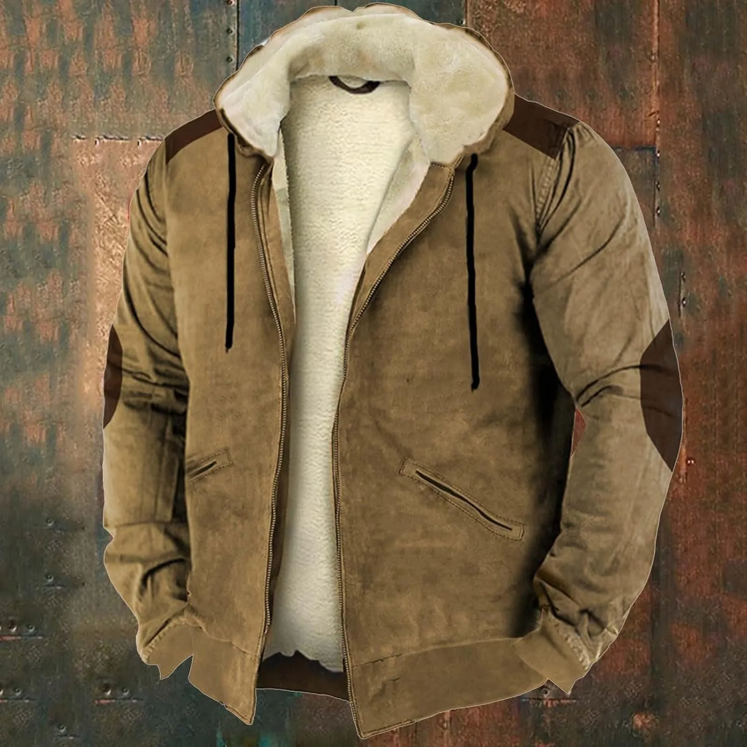 Mens Retro Cotton Fleece Coats Zip Up Thick Sherpa Lined Hooded Jacket Winter Warm Shealing Work Cargo Jackets S-4XL