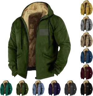Mens Sherpa Fleece Lined Warm Jackets Zip Up Pockets USA Flag Print Hoodie Heavyweight Fall Winter Thermal Sweatshirt