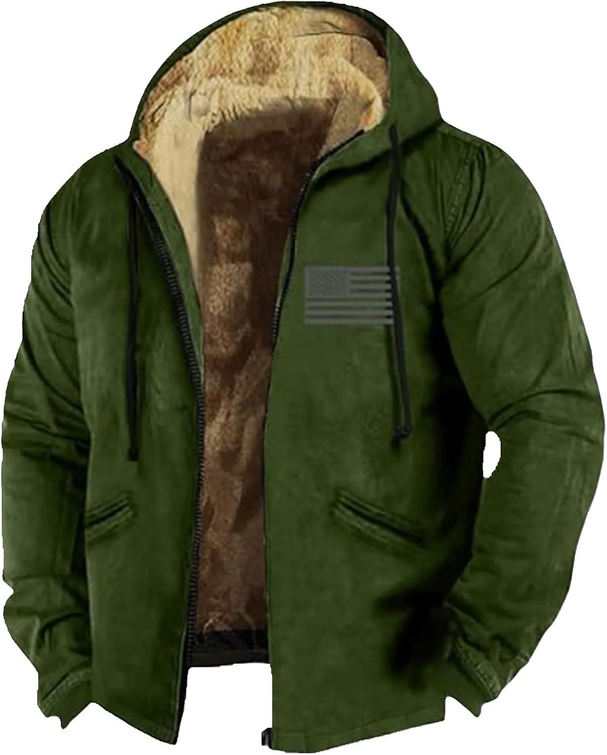 Mens Sherpa Fleece Lined Warm Jackets Zip Up Pockets USA Flag Print Hoodie Heavyweight Fall Winter Thermal Sweatshirt