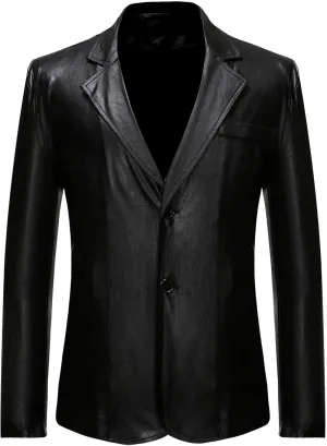 Mens Slim Fit Blazer Jacket PU Leather Formal Dress Suits Two-Button Notched Lapel Casual Suit Jacket Party Clubwear