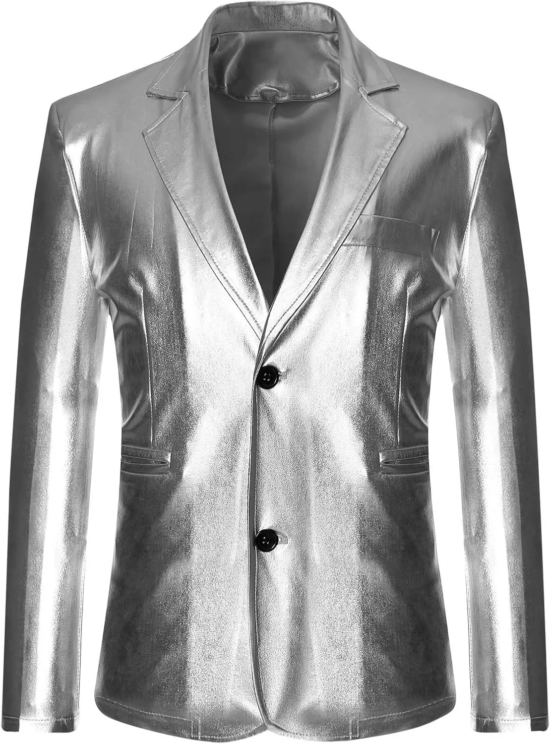 Mens Slim Fit Blazer Jacket PU Leather Formal Dress Suits Two-Button Notched Lapel Casual Suit Jacket Party Clubwear