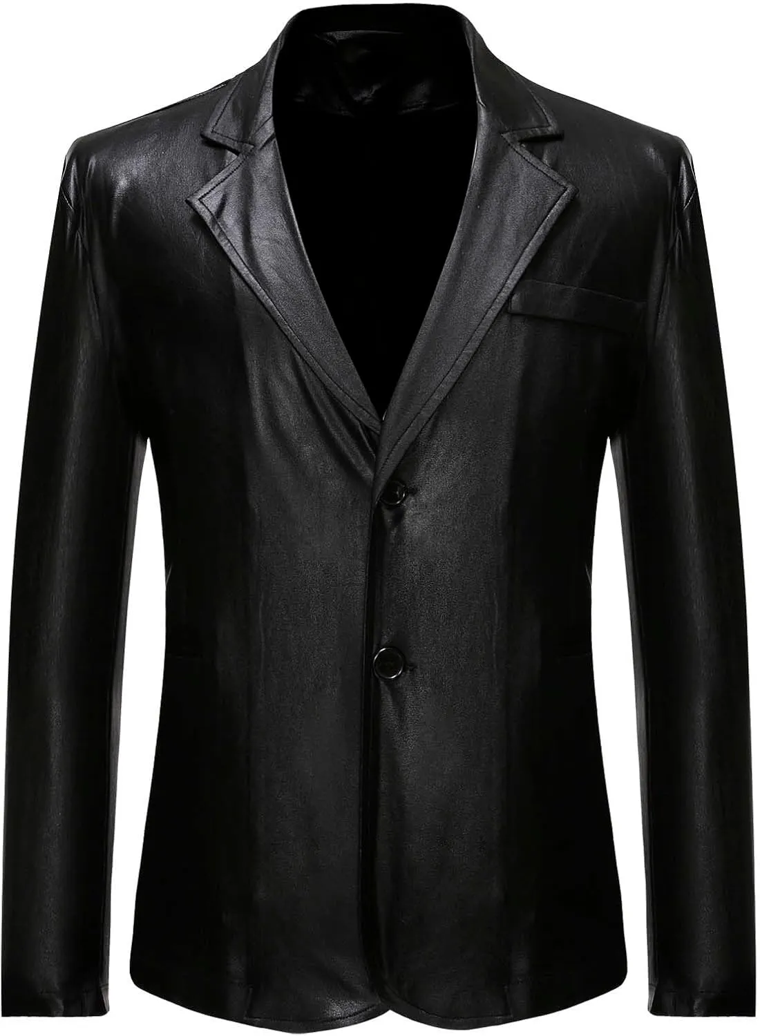 Mens Slim Fit Blazer Jacket PU Leather Formal Dress Suits Two-Button Notched Lapel Casual Suit Jacket Party Clubwear