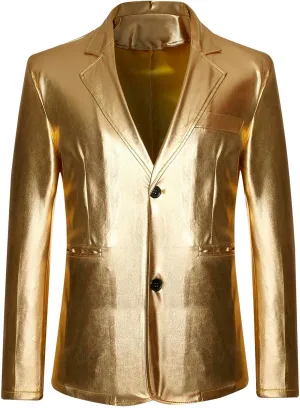Mens Slim Fit Blazer Jacket PU Leather Formal Dress Suits Two-Button Notched Lapel Casual Suit Jacket Party Clubwear