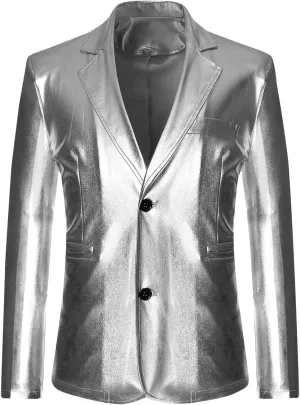 Mens Slim Fit Blazer Jacket PU Leather Formal Dress Suits Two-Button Notched Lapel Casual Suit Jacket Party Clubwear
