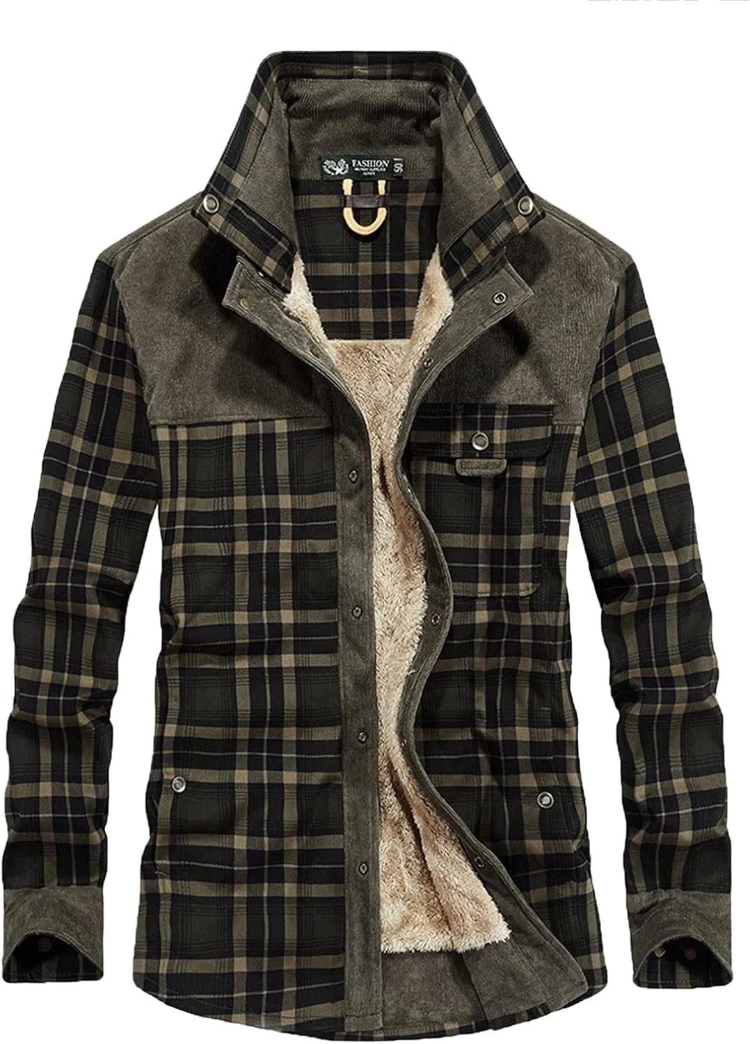 Mens Warm Sherpa Fleece Lined Shirt Jackets Button Down Thermal Plaid Flannel Coats Fall Winter Outwears