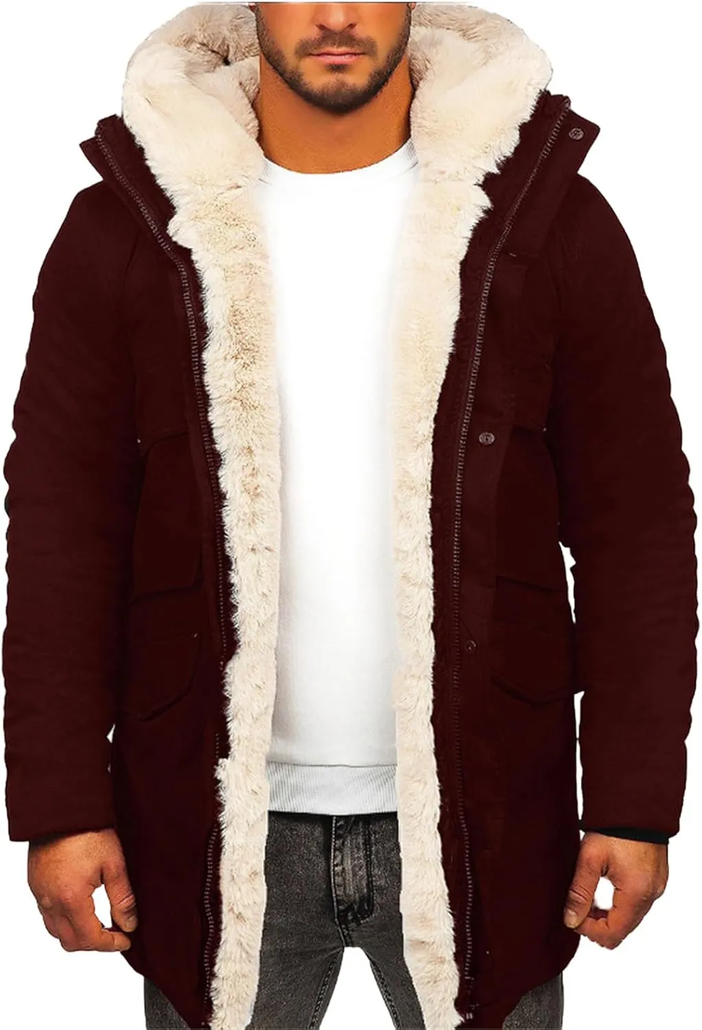 Men's Winter Parka Coat Fleece Lined Long Trench Jacket Hooded Warm Thick Overcoat with Pockets for Outdoor Plus Size