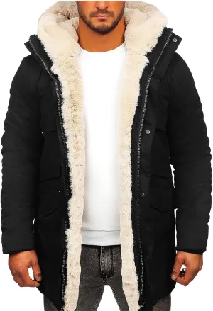 Men's Winter Parka Coat Fleece Lined Long Trench Jacket Hooded Warm Thick Overcoat with Pockets for Outdoor Plus Size