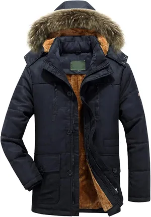 Mens Winter Warm Coat Fleece Lined Parka Thicken Cotton Puffer Down Jackets with Detachable Faux Fur Hood L-4XL