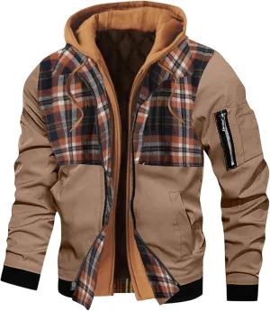 Mens Winter Warm Quilted Lined Flannel Tartan Hooded Jackets Long Sleeve Zip Up Western Moto Biker Thick Coat Outwear