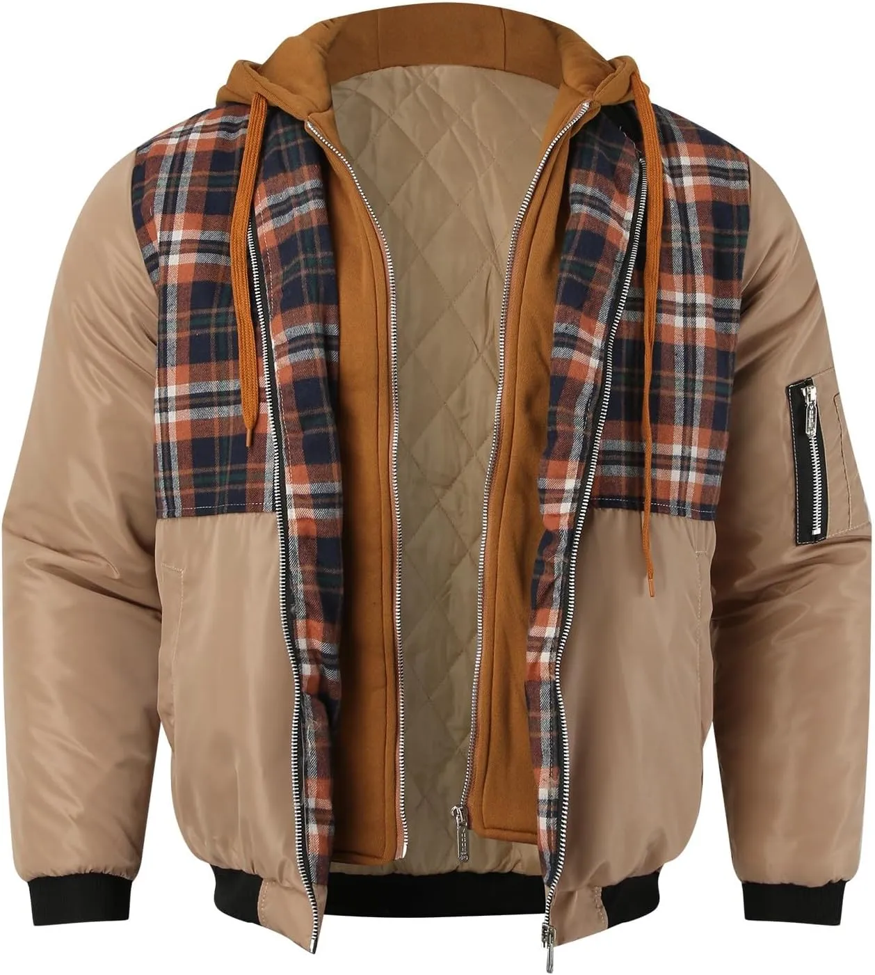 Mens Winter Warm Quilted Lined Flannel Tartan Hooded Jackets Long Sleeve Zip Up Western Moto Biker Thick Coat Outwear