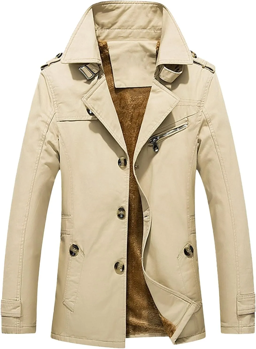 Men's Wool Blend Coats with Zipper, Winter Warm Jacket, Lapel Fleece Work Jacket, Business Windbreaker Pea Coat