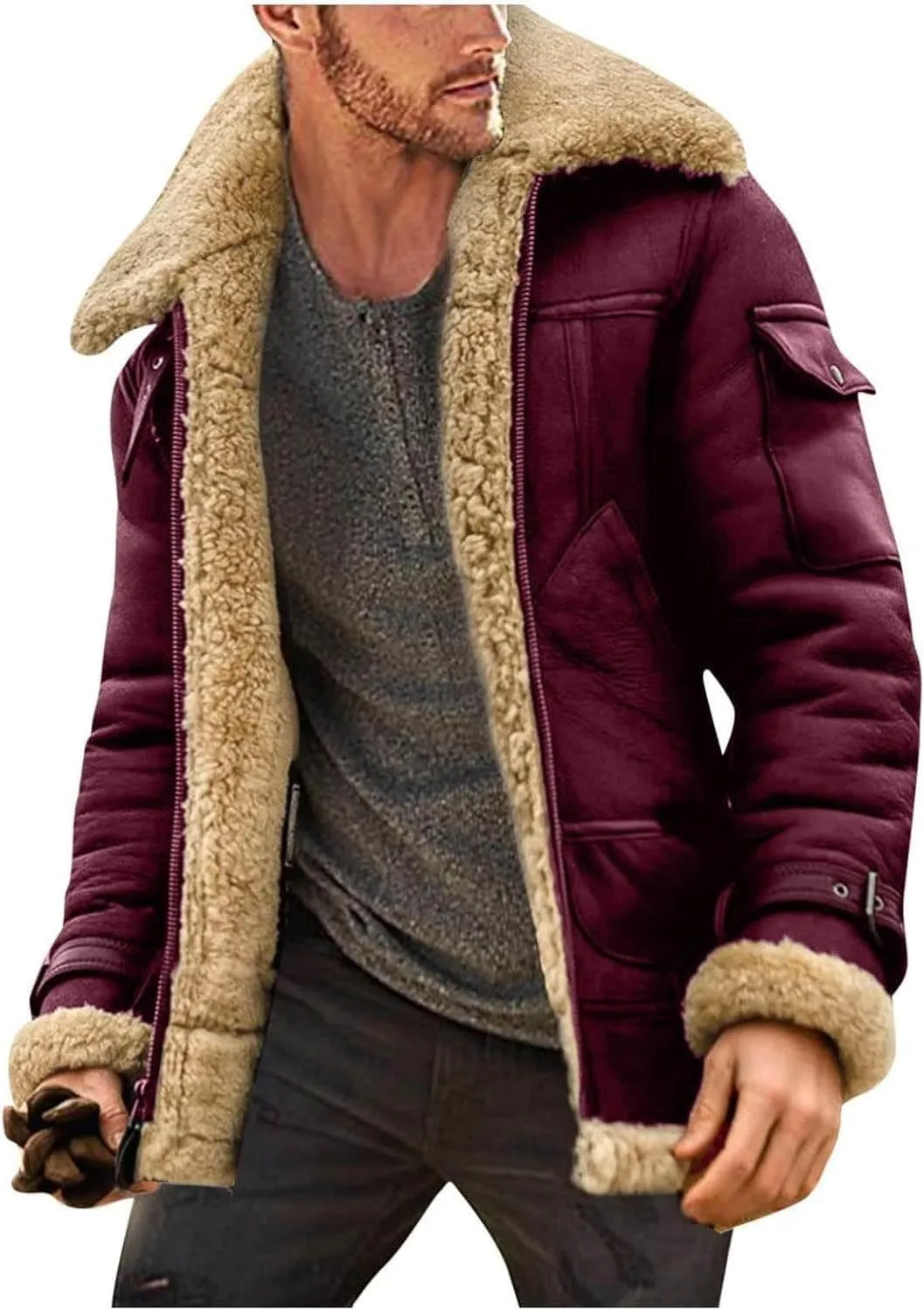 Men's Wool Blend Trench Coat Bomber Coat Faux Leather Sherpa Fleece Lined Jackets Heavyweight Suede Faux Fur Coats