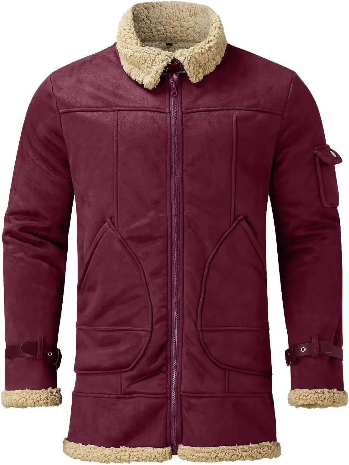 Men's Wool Blend Trench Coat Bomber Coat Faux Leather Sherpa Fleece Lined Jackets Heavyweight Suede Faux Fur Coats