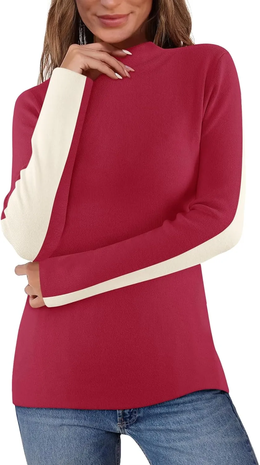 MEROKEETY Women's 2024 Fall Mock Neck Lightweight Pullover Sweater Fitted Ribbed Long Sleeve Color Block Knit Tee Shirt Tops