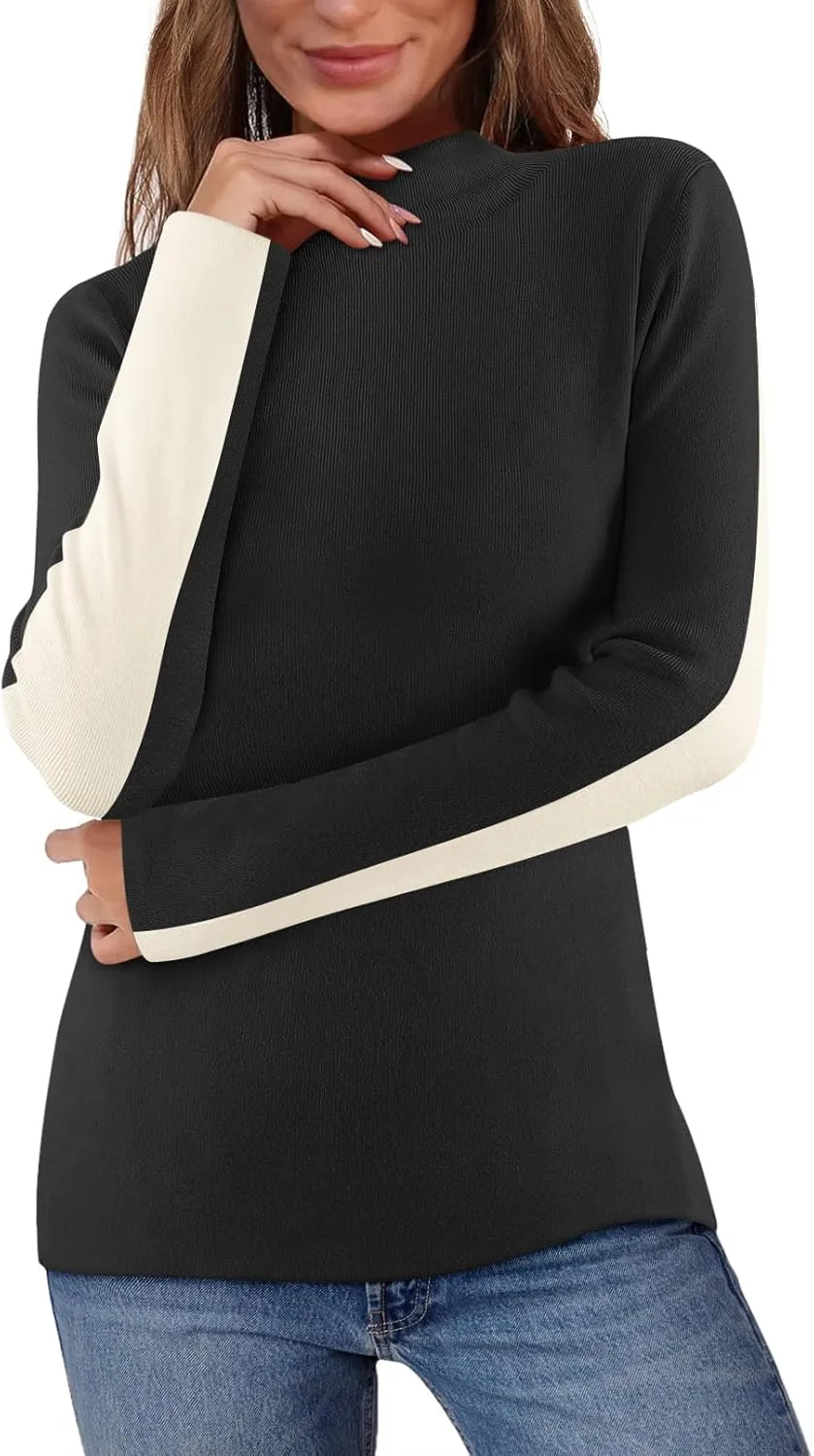 MEROKEETY Women's 2024 Fall Mock Neck Lightweight Pullover Sweater Fitted Ribbed Long Sleeve Color Block Knit Tee Shirt Tops
