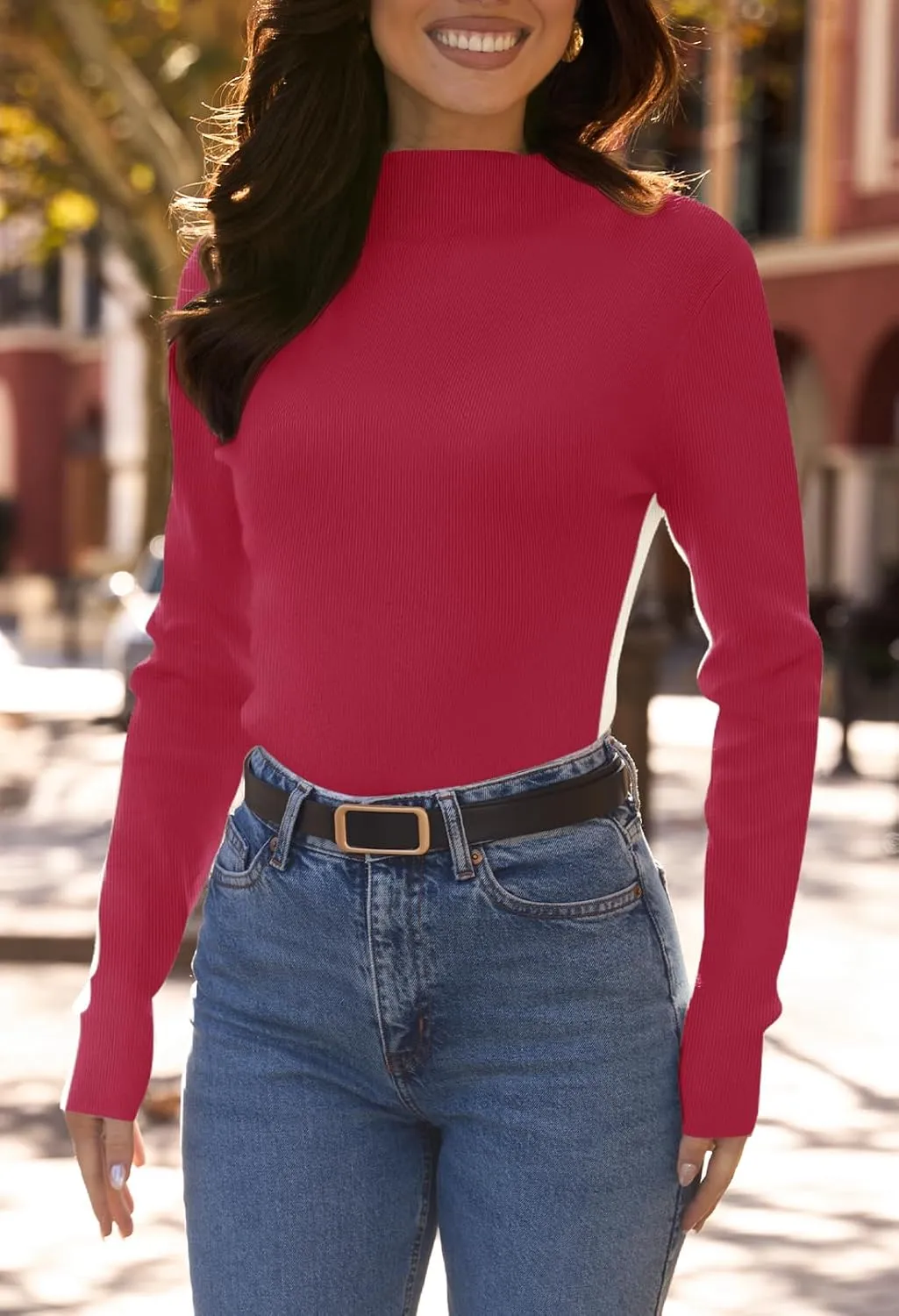 MEROKEETY Women's 2024 Fall Mock Neck Lightweight Pullover Sweater Fitted Ribbed Long Sleeve Color Block Knit Tee Shirt Tops