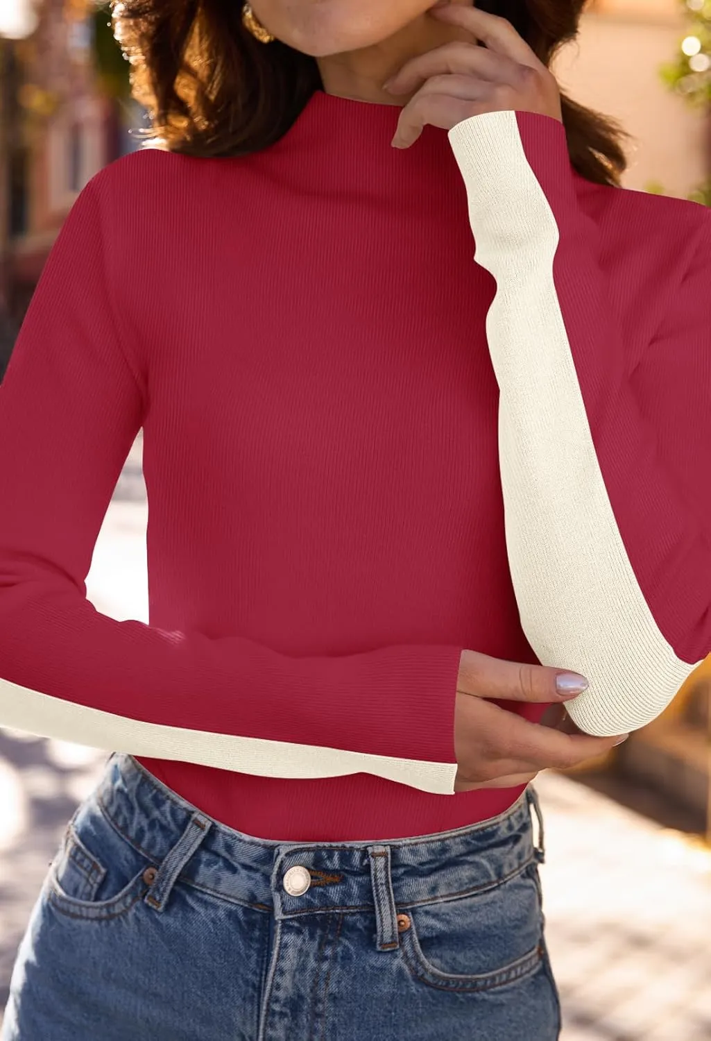 MEROKEETY Women's 2024 Fall Mock Neck Lightweight Pullover Sweater Fitted Ribbed Long Sleeve Color Block Knit Tee Shirt Tops
