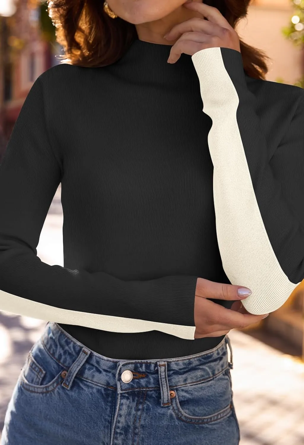 MEROKEETY Women's 2024 Fall Mock Neck Lightweight Pullover Sweater Fitted Ribbed Long Sleeve Color Block Knit Tee Shirt Tops