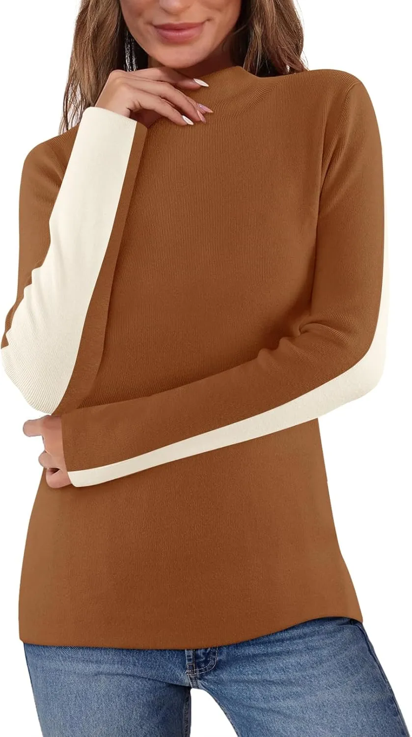 MEROKEETY Women's 2024 Fall Mock Neck Lightweight Pullover Sweater Fitted Ribbed Long Sleeve Color Block Knit Tee Shirt Tops