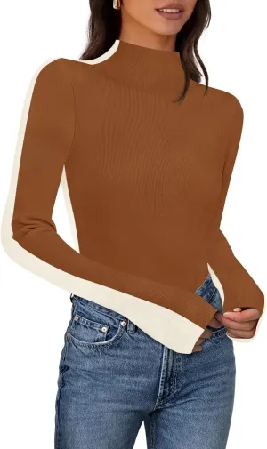 MEROKEETY Women's 2024 Fall Mock Neck Lightweight Pullover Sweater Fitted Ribbed Long Sleeve Color Block Knit Tee Shirt Tops