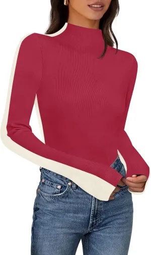 MEROKEETY Women's 2024 Fall Mock Neck Lightweight Pullover Sweater Fitted Ribbed Long Sleeve Color Block Knit Tee Shirt Tops