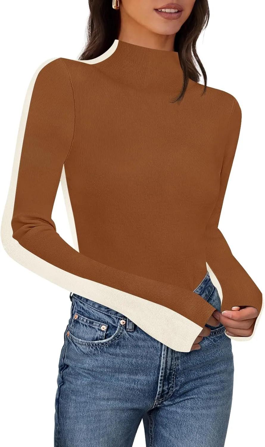 MEROKEETY Women's 2024 Fall Mock Neck Lightweight Pullover Sweater Fitted Ribbed Long Sleeve Color Block Knit Tee Shirt Tops