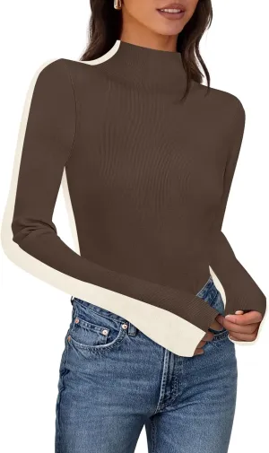 MEROKEETY Women's 2024 Fall Mock Neck Lightweight Pullover Sweater Fitted Ribbed Long Sleeve Color Block Knit Tee Shirt Tops