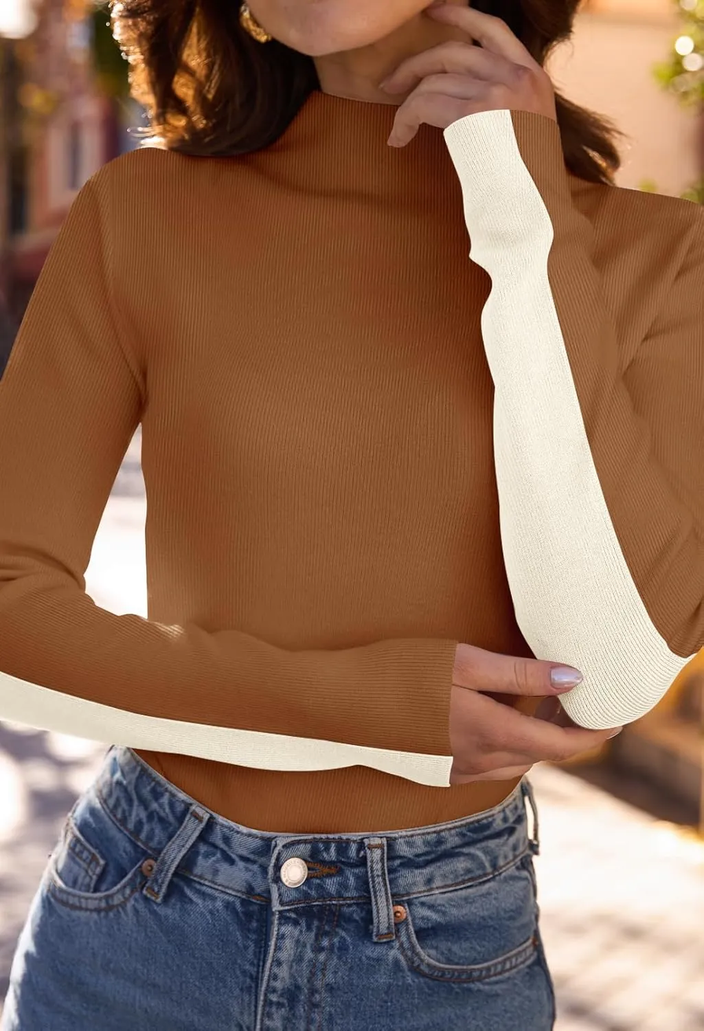 MEROKEETY Women's 2024 Fall Mock Neck Lightweight Pullover Sweater Fitted Ribbed Long Sleeve Color Block Knit Tee Shirt Tops