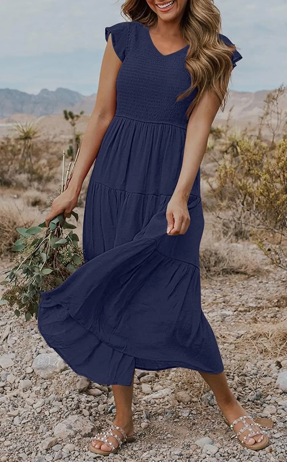 MEROKEETY Women's Flutter Sleeve Smocked Midi Dress V Neck Casual Tiered Dresses with Pockets