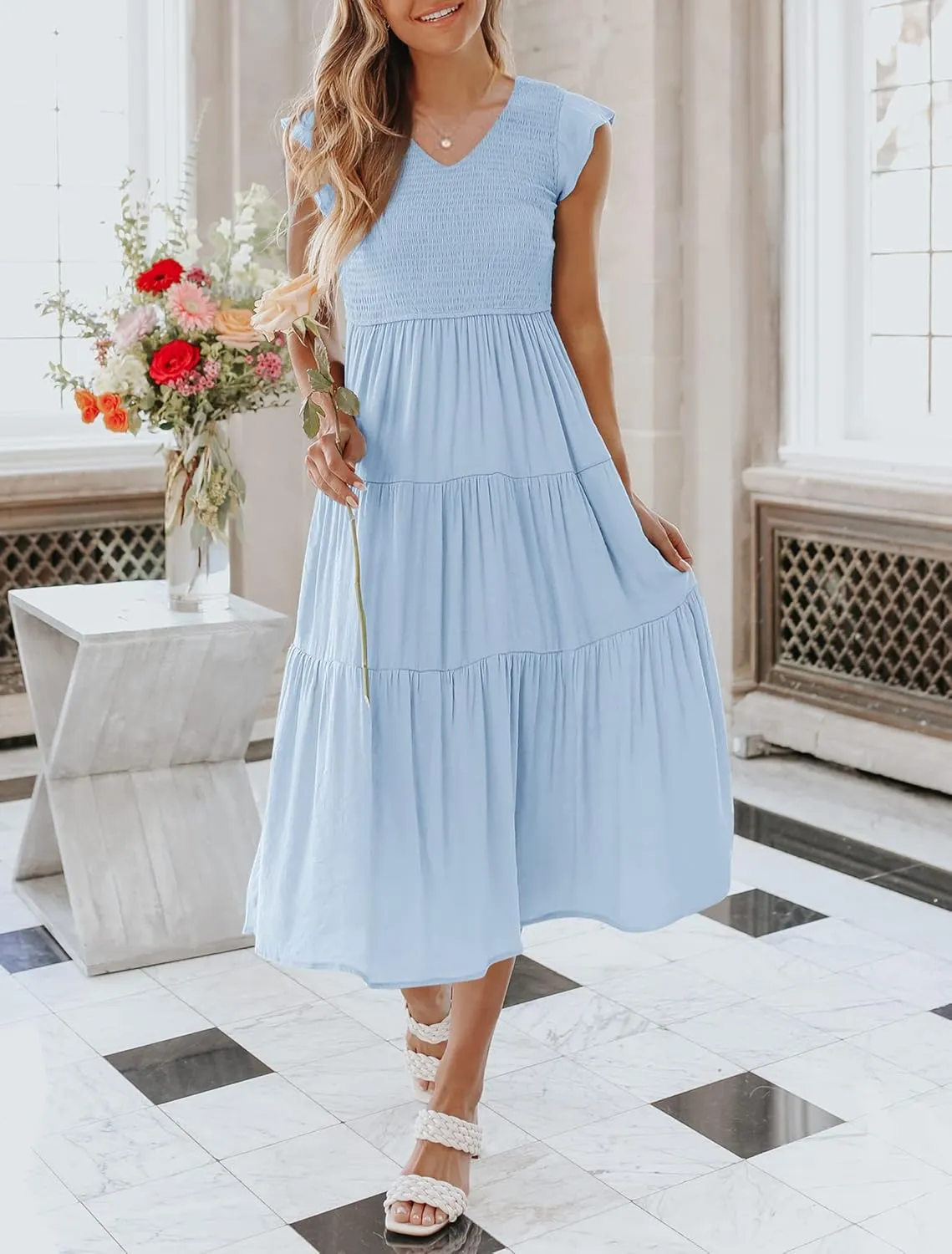 MEROKEETY Women's Flutter Sleeve Smocked Midi Dress V Neck Casual Tiered Dresses with Pockets