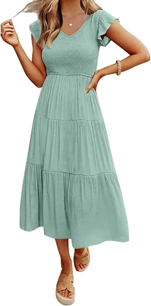 MEROKEETY Women's Flutter Sleeve Smocked Midi Dress V Neck Casual Tiered Dresses with Pockets