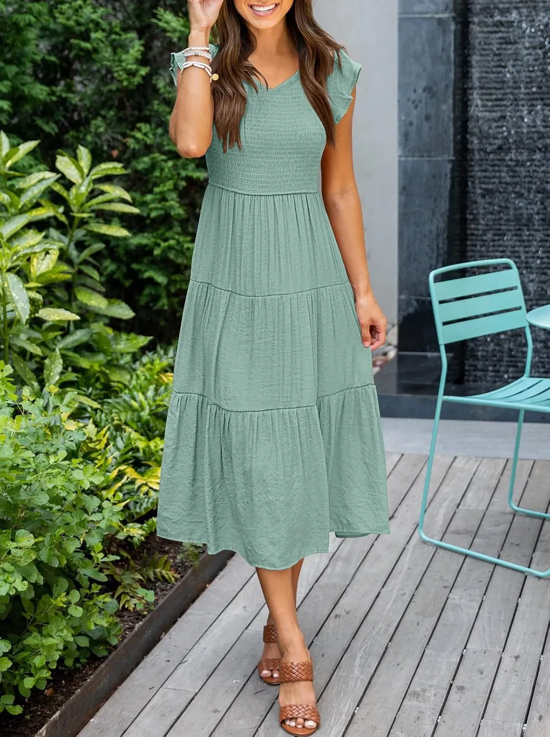 MEROKEETY Women's Flutter Sleeve Smocked Midi Dress V Neck Casual Tiered Dresses with Pockets