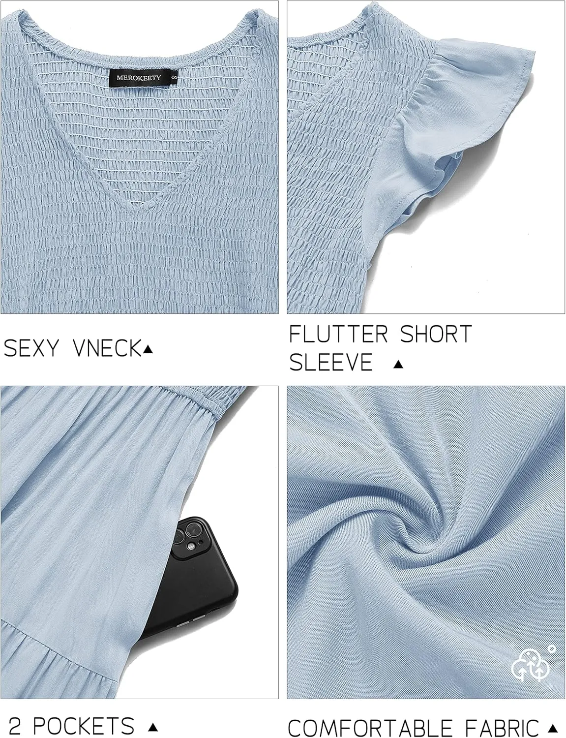 MEROKEETY Women's Flutter Sleeve Smocked Midi Dress V Neck Casual Tiered Dresses with Pockets