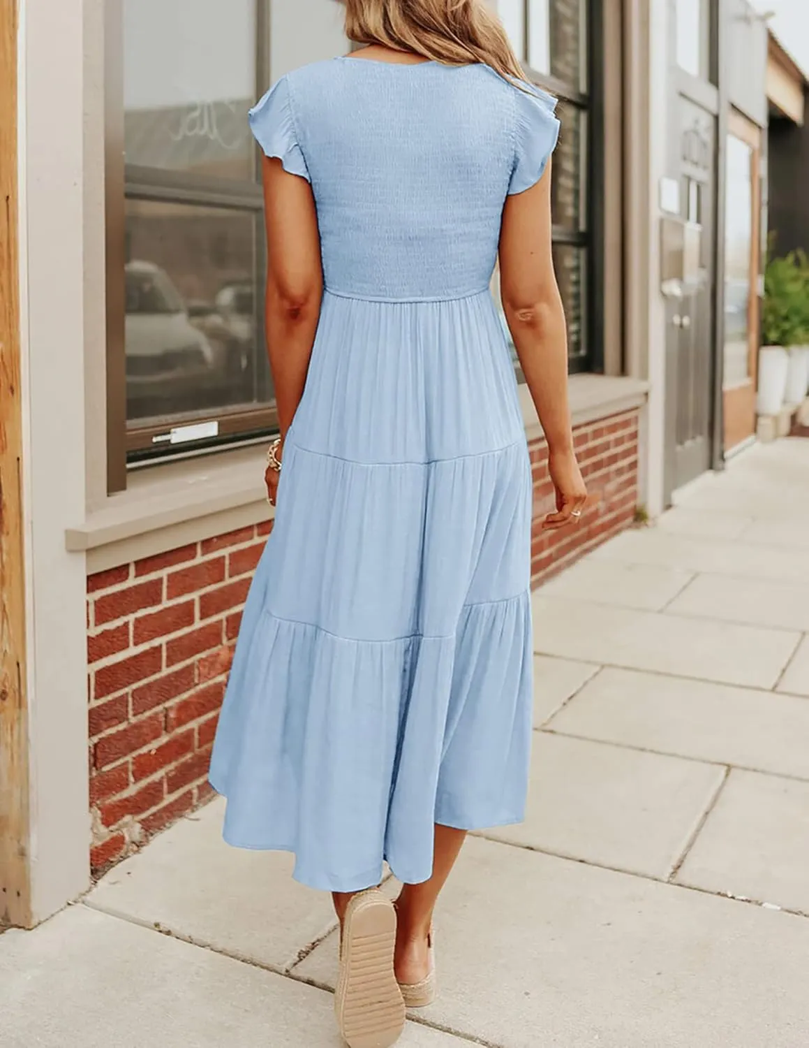 MEROKEETY Women's Flutter Sleeve Smocked Midi Dress V Neck Casual Tiered Dresses with Pockets