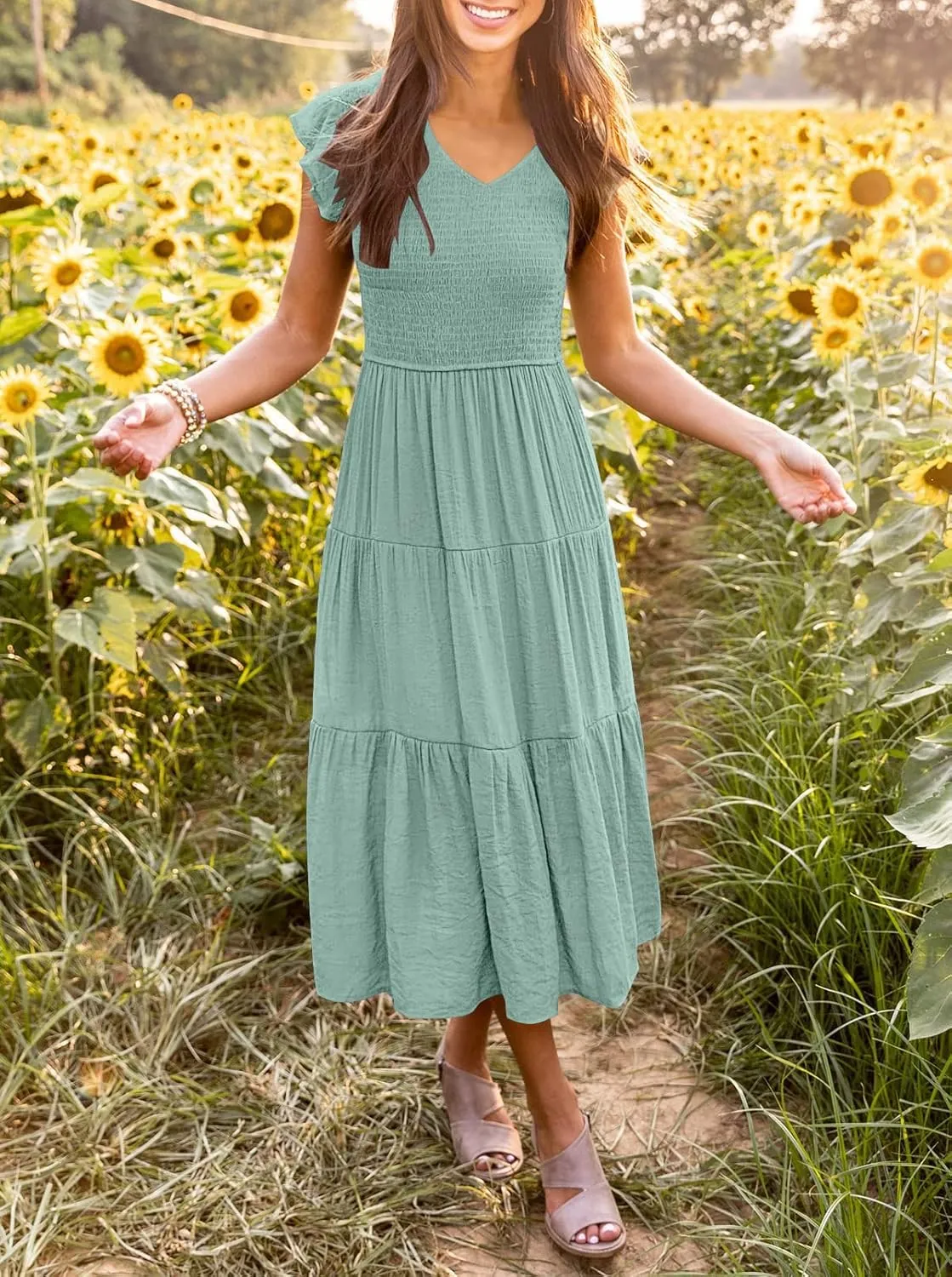 MEROKEETY Women's Flutter Sleeve Smocked Midi Dress V Neck Casual Tiered Dresses with Pockets