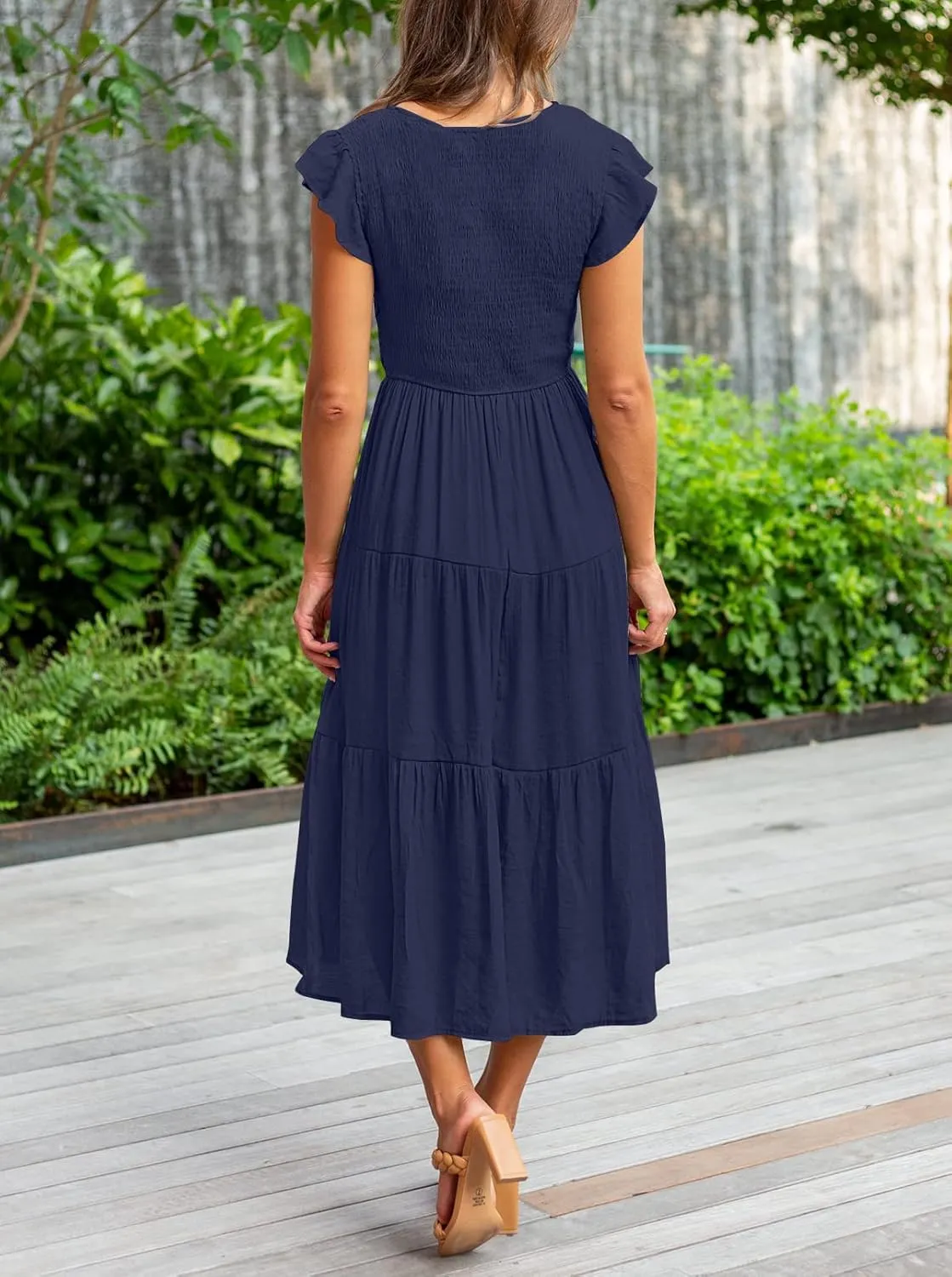 MEROKEETY Women's Flutter Sleeve Smocked Midi Dress V Neck Casual Tiered Dresses with Pockets