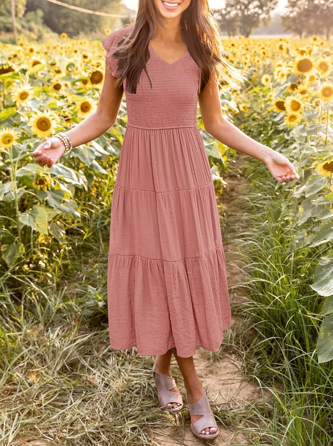 MEROKEETY Women's Flutter Sleeve Smocked Midi Dress V Neck Casual Tiered Dresses with Pockets