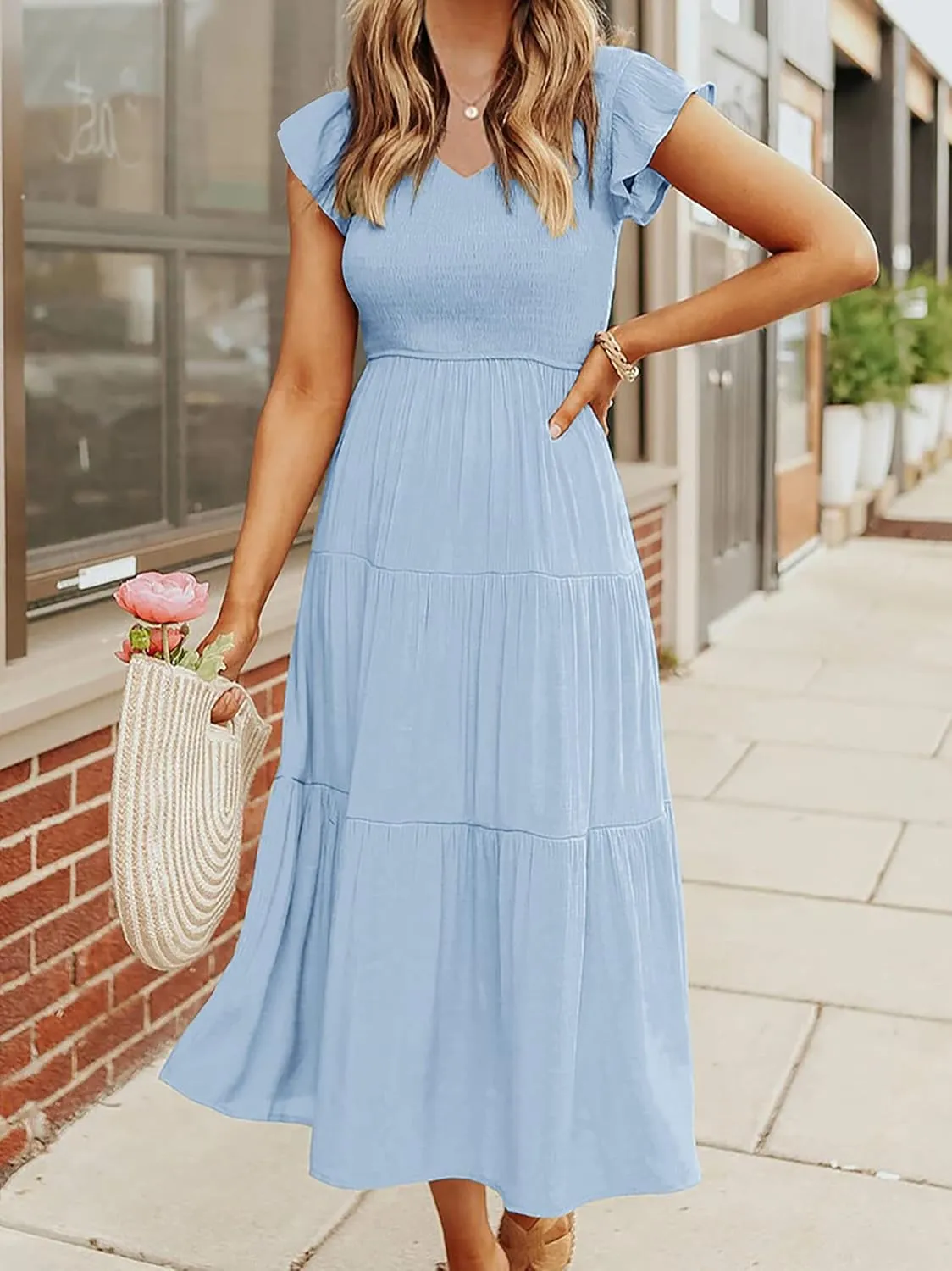 MEROKEETY Women's Flutter Sleeve Smocked Midi Dress V Neck Casual Tiered Dresses with Pockets
