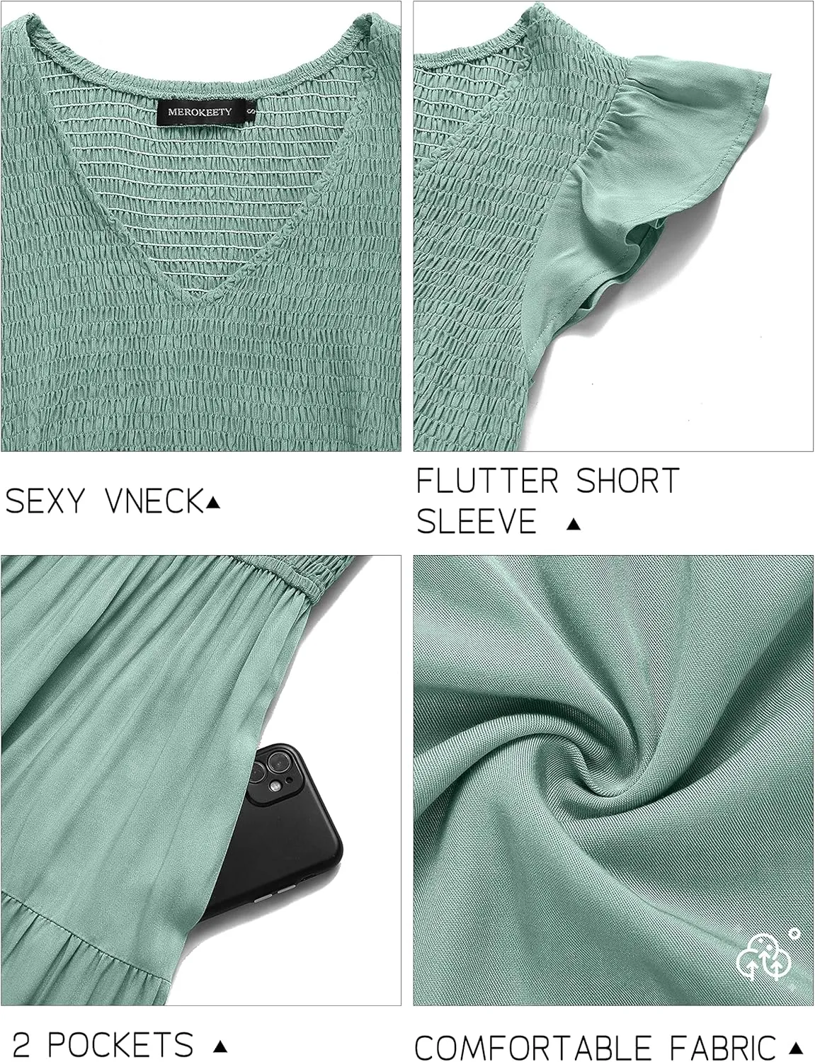 MEROKEETY Women's Flutter Sleeve Smocked Midi Dress V Neck Casual Tiered Dresses with Pockets