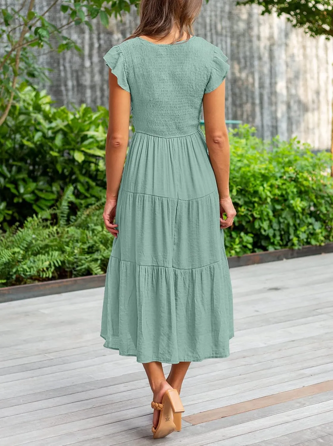 MEROKEETY Women's Flutter Sleeve Smocked Midi Dress V Neck Casual Tiered Dresses with Pockets