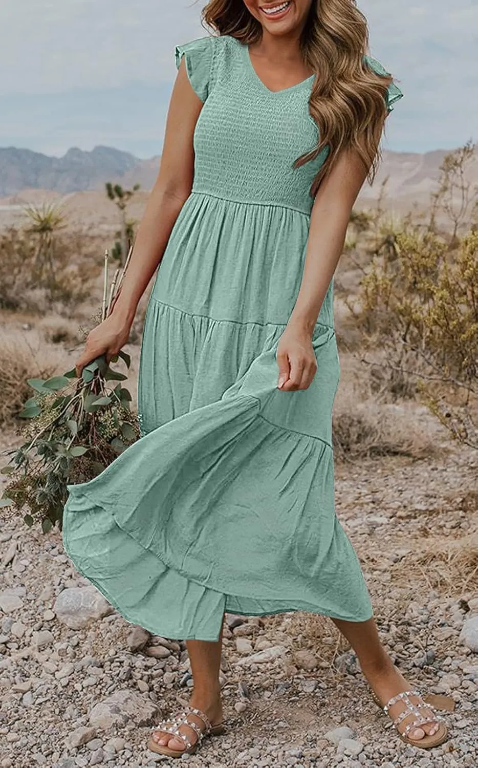 MEROKEETY Women's Flutter Sleeve Smocked Midi Dress V Neck Casual Tiered Dresses with Pockets