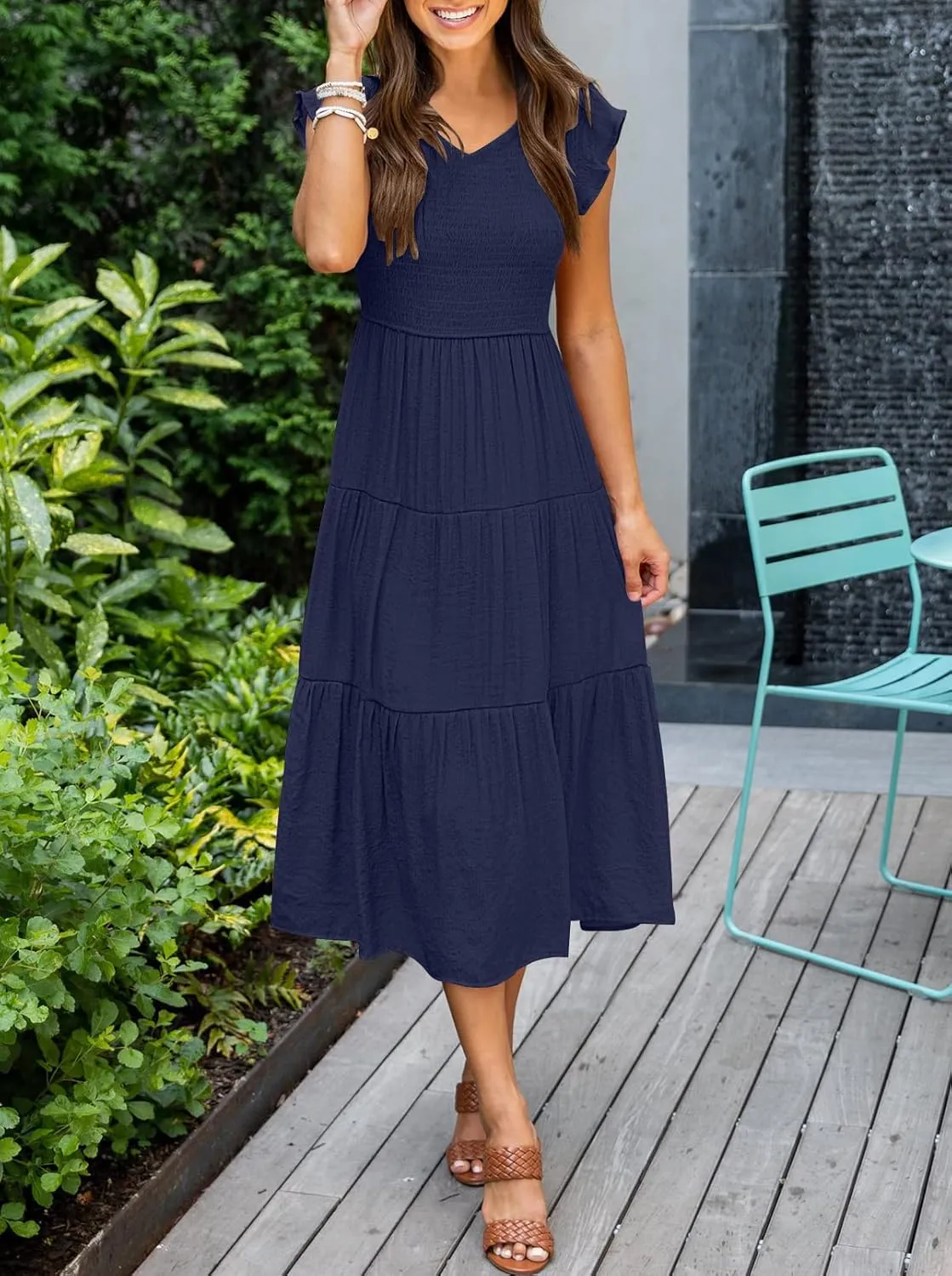 MEROKEETY Women's Flutter Sleeve Smocked Midi Dress V Neck Casual Tiered Dresses with Pockets