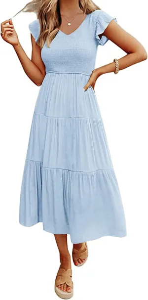 MEROKEETY Women's Flutter Sleeve Smocked Midi Dress V Neck Casual Tiered Dresses with Pockets