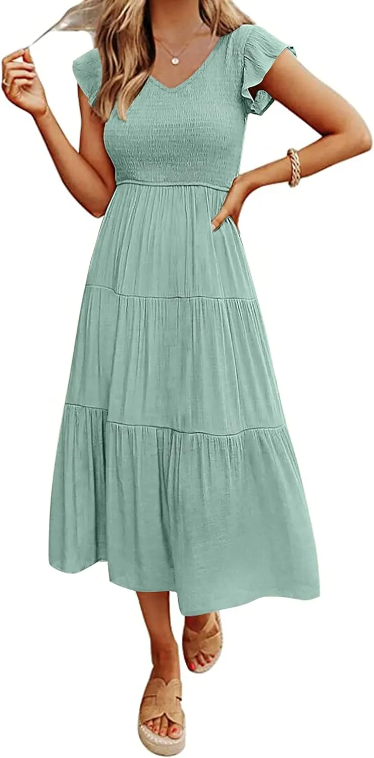 MEROKEETY Women's Flutter Sleeve Smocked Midi Dress V Neck Casual Tiered Dresses with Pockets