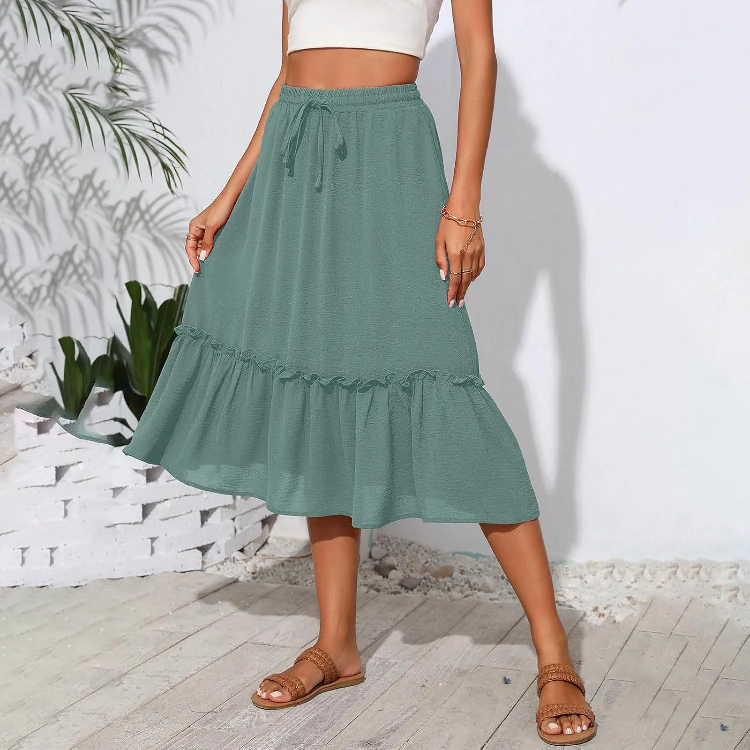 Midi Skirts for Women Casual Summer Boho Flowy Swing Ruffle Tiered A-Line Elastic Tie Waist Pleated Long Skirt Dress