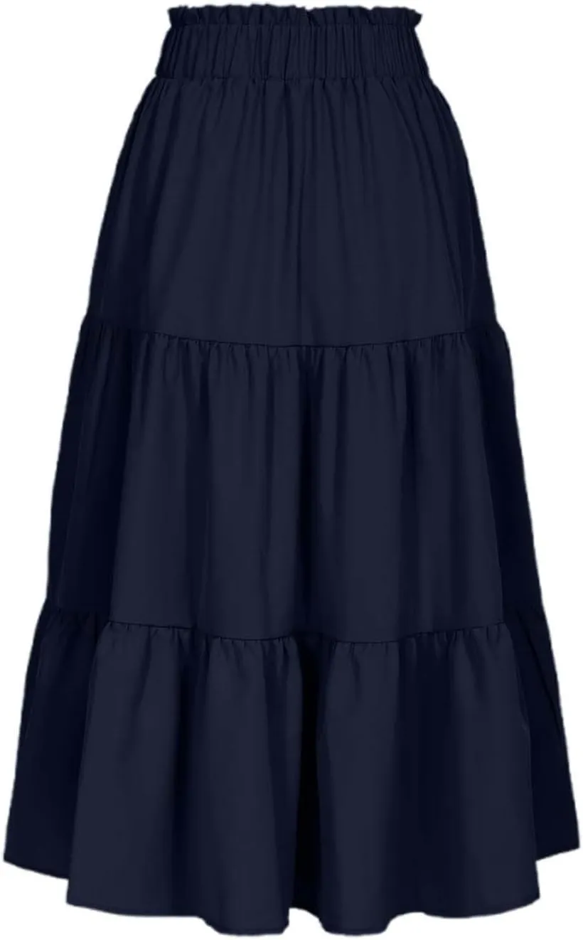 Midi Skirts for Women Trendy Casual Flowy A Line Elastic Tie Waist Tiered Ruffle Pleated Swing Boho Long Skirt Dress