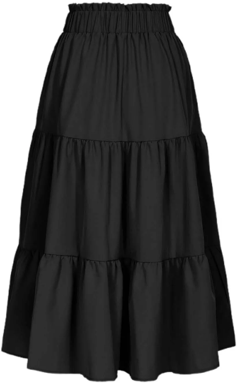 Midi Skirts for Women Trendy Casual Flowy A Line Elastic Tie Waist Tiered Ruffle Pleated Swing Boho Long Skirt Dress